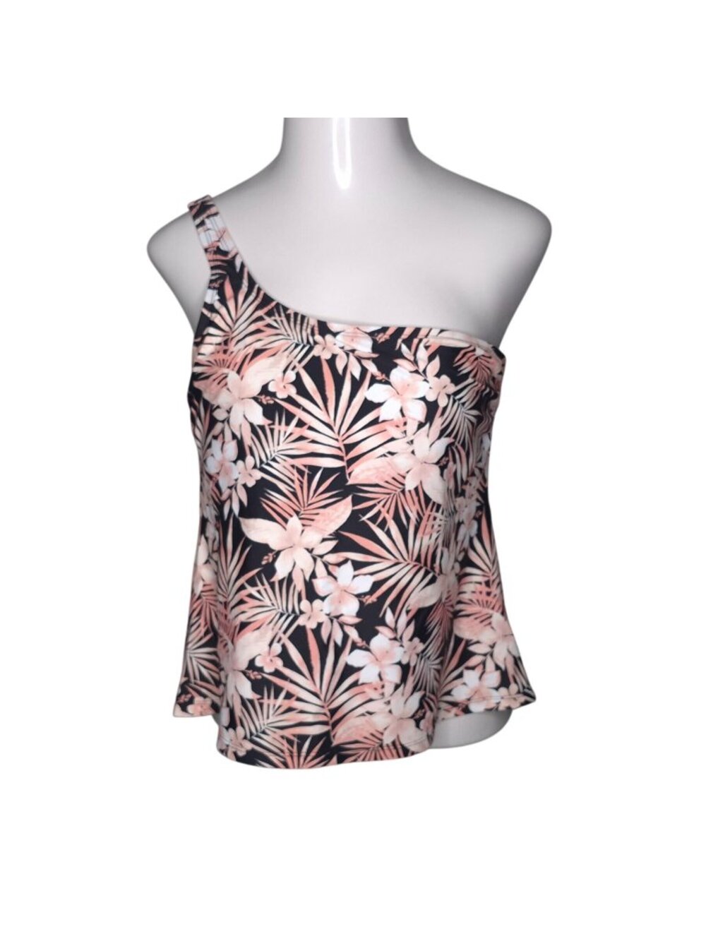 Floral One-Shoulder Tankini Top Black & Pink 16W By Mynah Spandex & Polyester